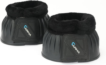 Shires Arma Overreach Fleece Bell Boots in black color showing the front view premium protective rubber shell.