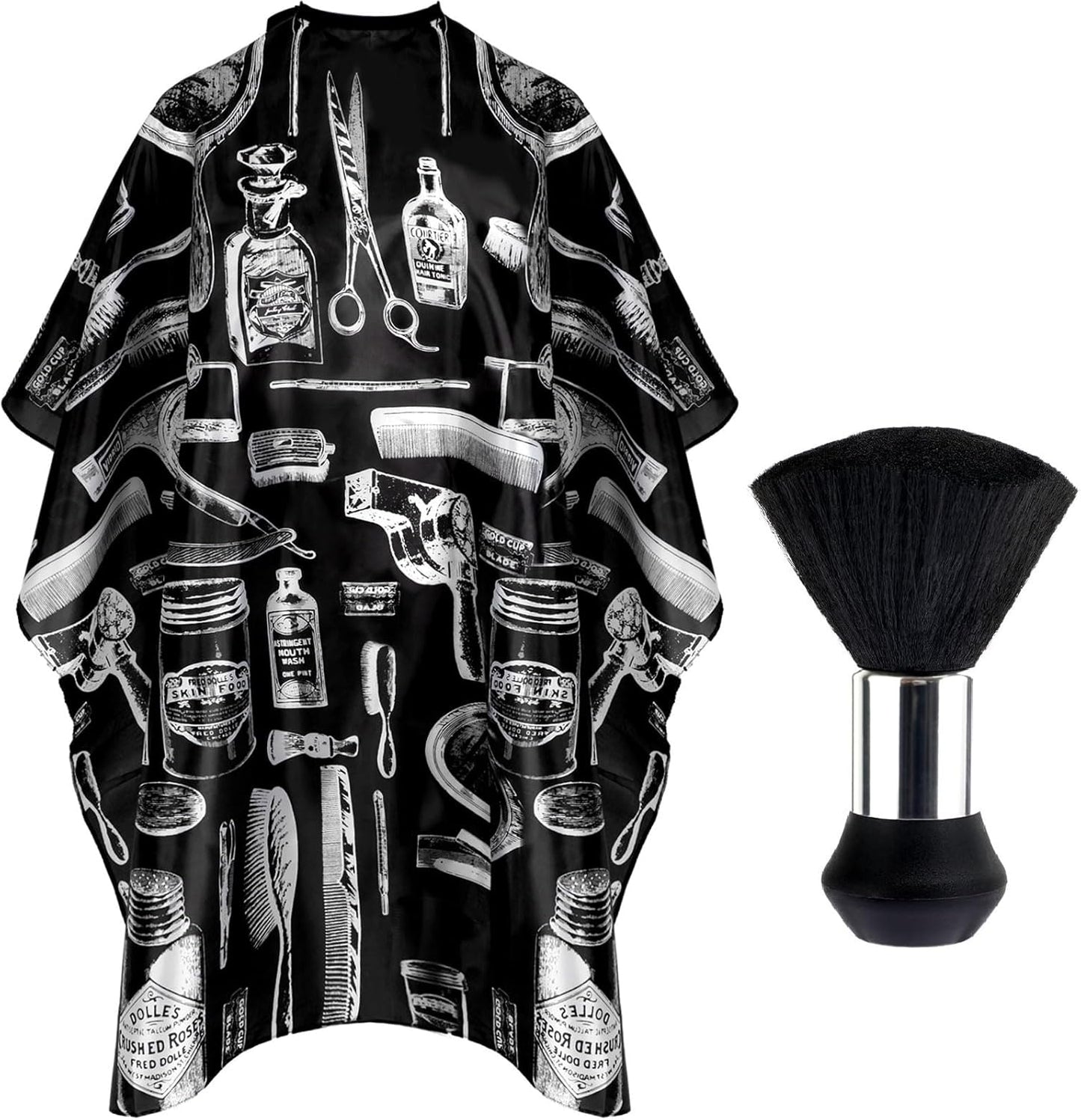 FEBSNOW hair cutting cape kit front view showing black and white vintage barber pattern and neck duster brush.
