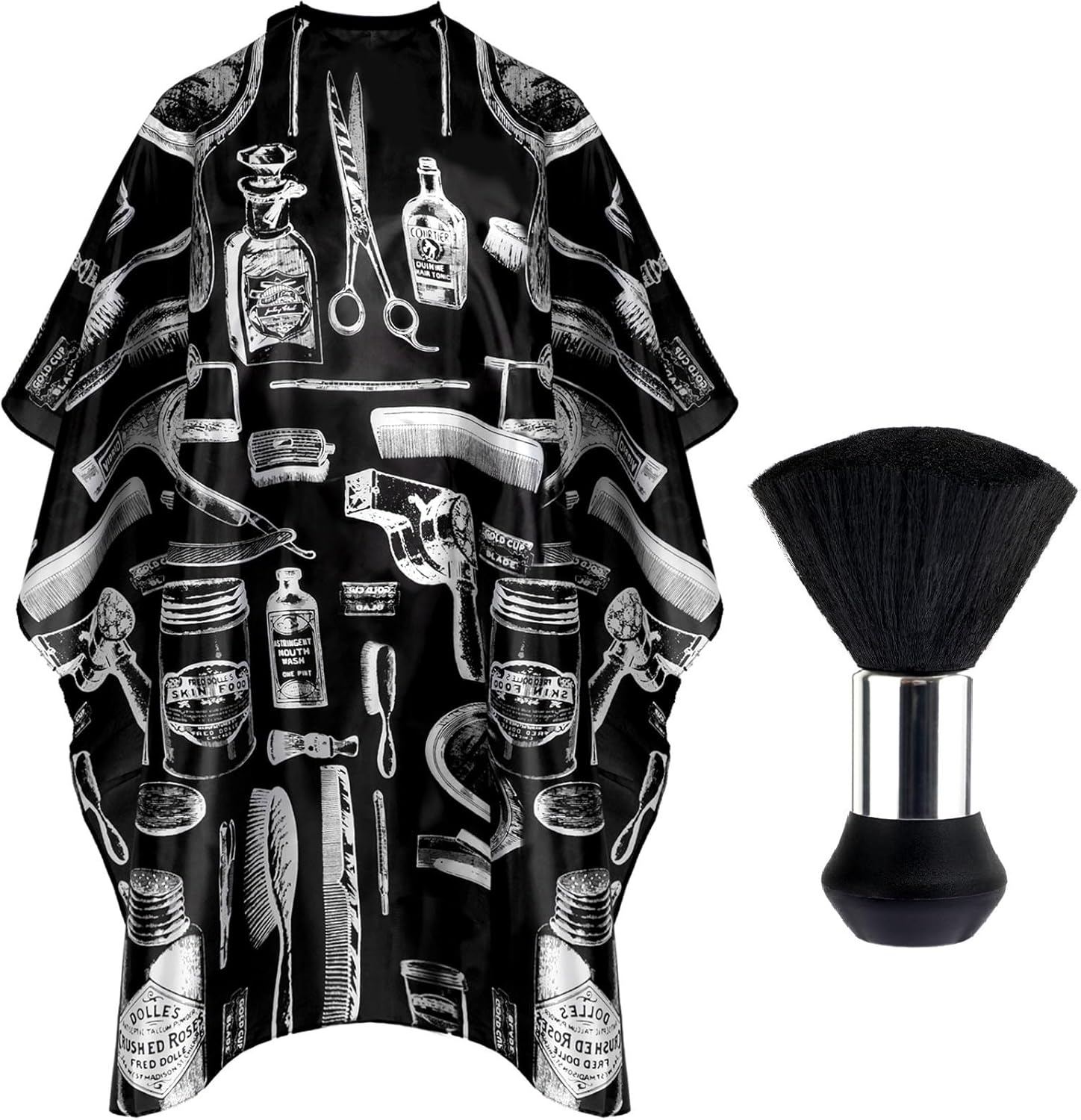 FEBSNOW hair cutting cape kit front view showing black and white vintage barber pattern and neck duster brush.