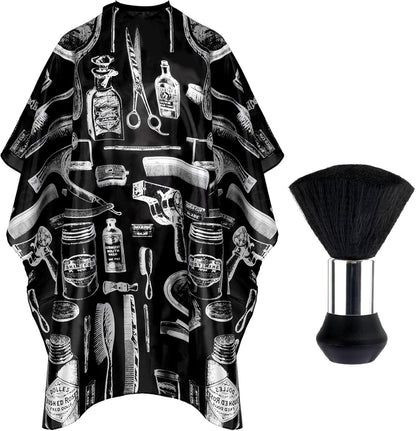 FEBSNOW hair cutting cape kit front view showing black and white vintage barber pattern and neck duster brush.