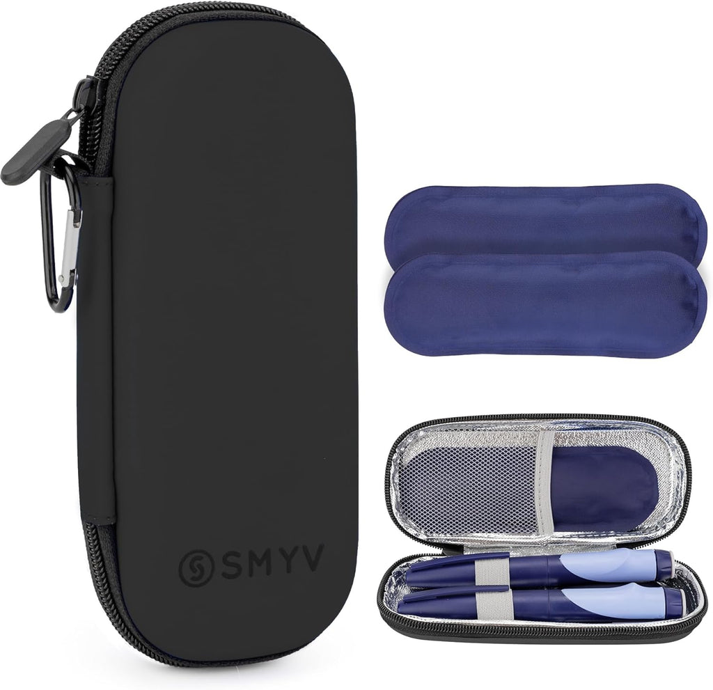 SMYV insulin cooler travel case front view showing the durable black nylon exterior and secure zipper closure.