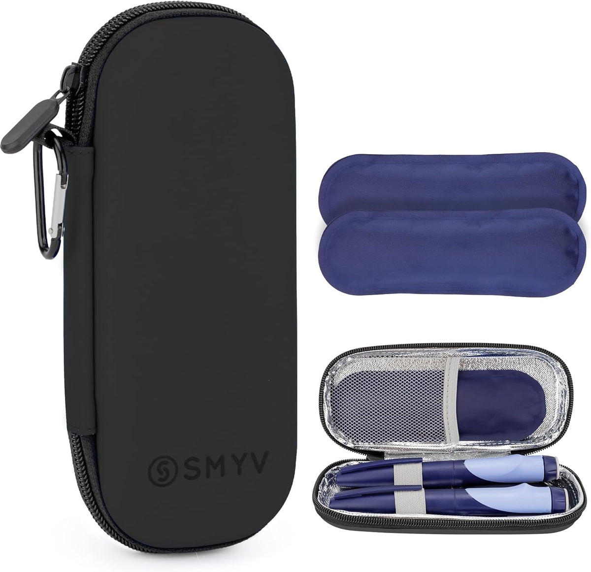 SMYV insulin cooler travel case front view showing the durable black nylon exterior and secure zipper closure.