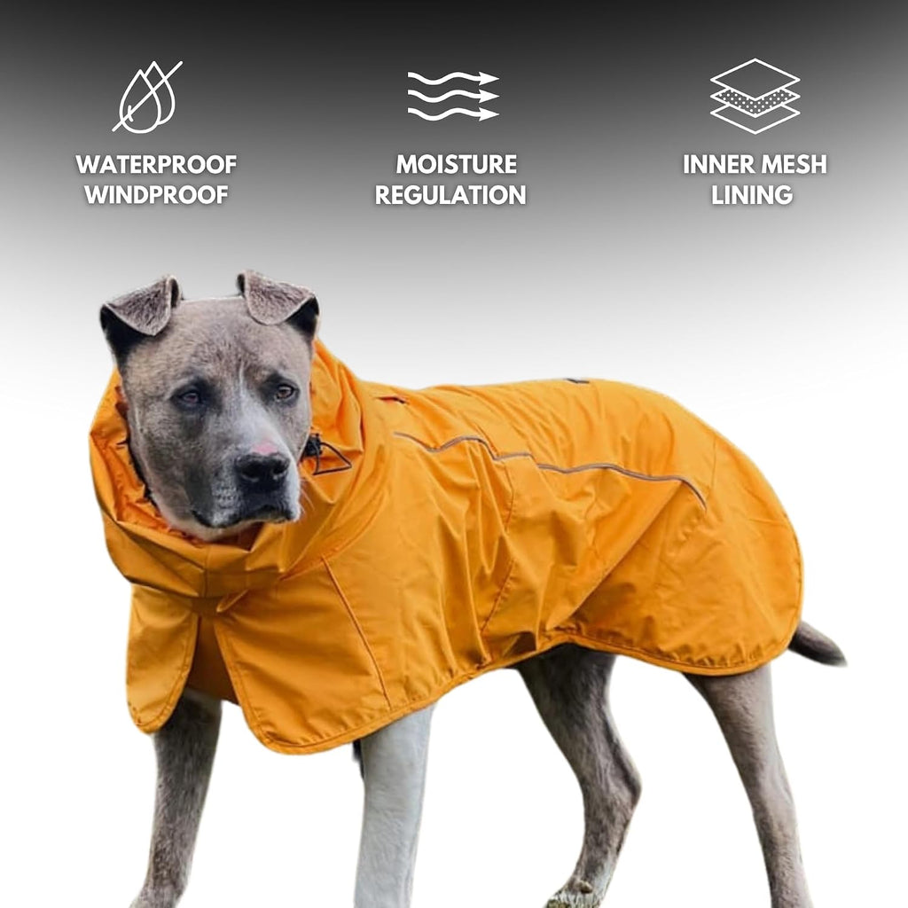 Premium yellow dog raincoat highlighting the adjustable neck wrap and secure Velcro closure.