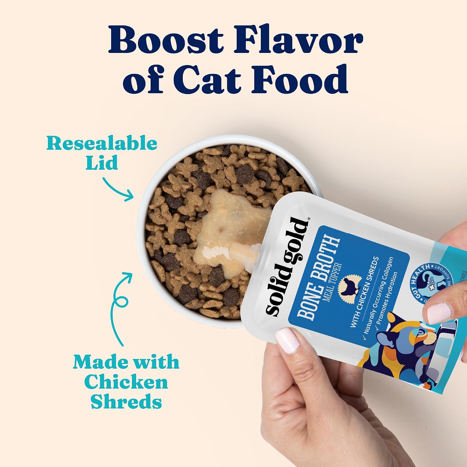 Back label of Solid Gold meal topper showing limited ingredients and nutritional facts.
