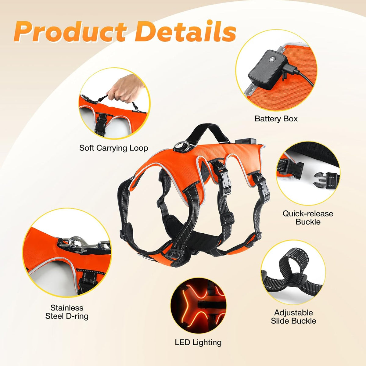 Fiveda glowing harness with handle for large dogs