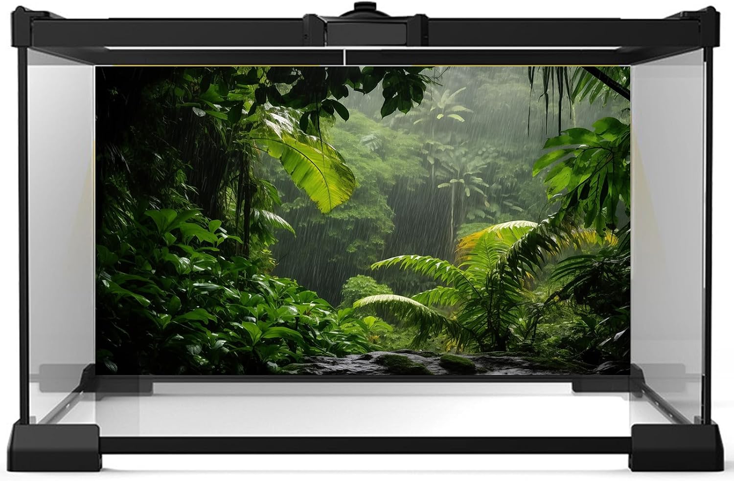 Riivvdise reptile terrarium wallpaper backdrop featuring high definition rainy jungle leaves