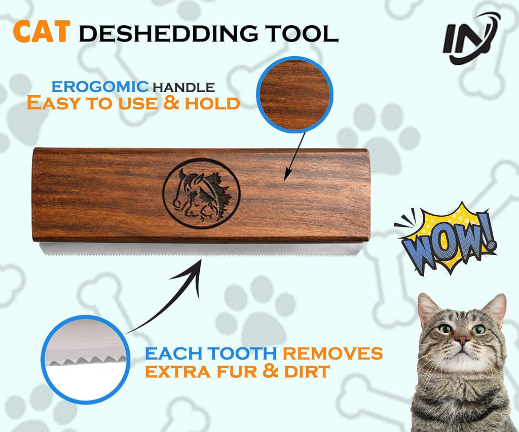 Ergonomic non slip wooden handle of the I.N Premium shedding tool for cats and dogs.