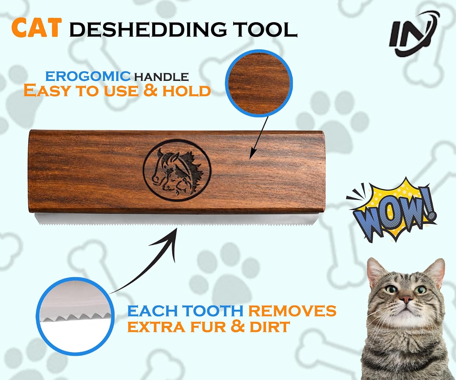 Ergonomic non slip wooden handle of the I.N Premium shedding tool for cats and dogs.