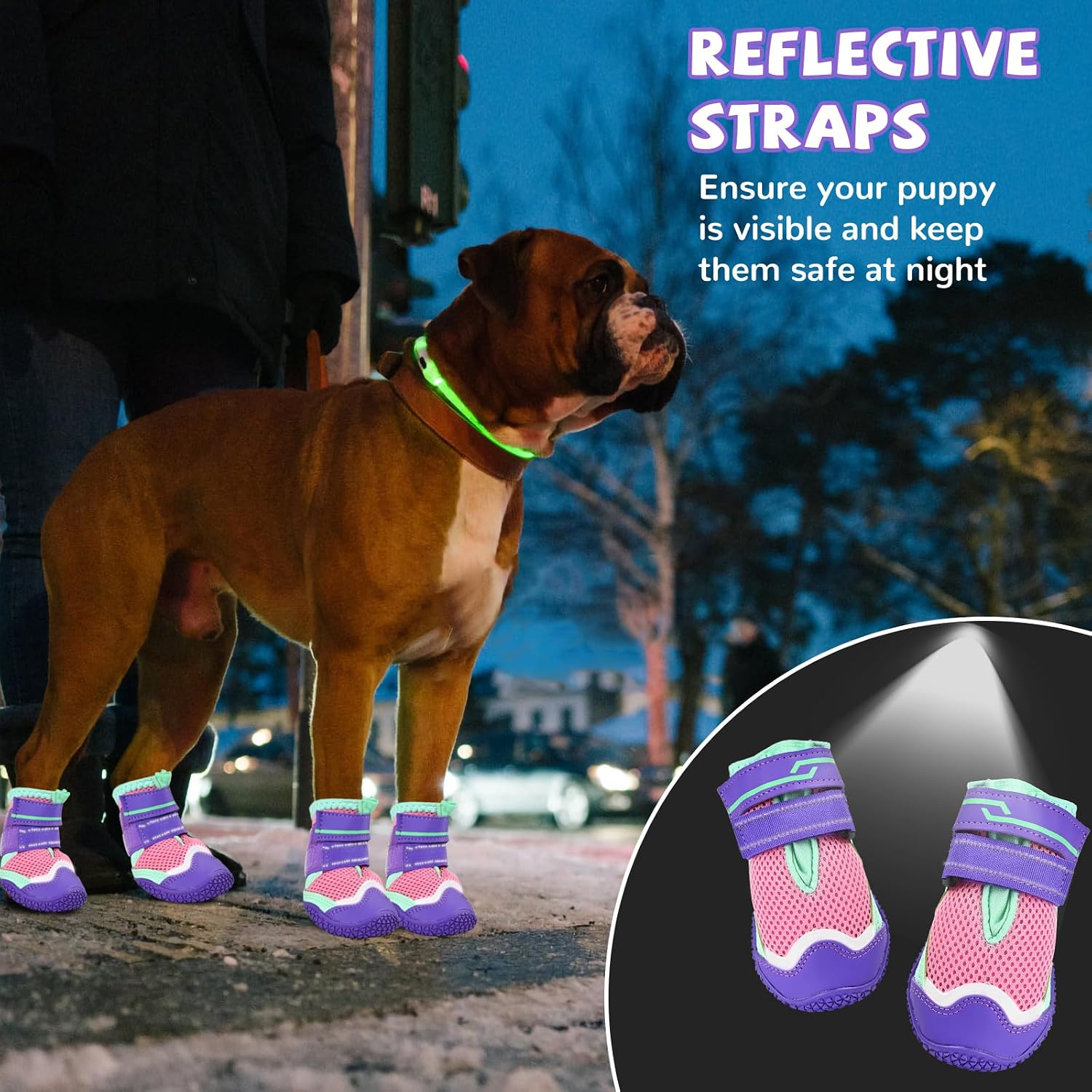 Adjustable strap mechanism on purple dog boots for dogs
