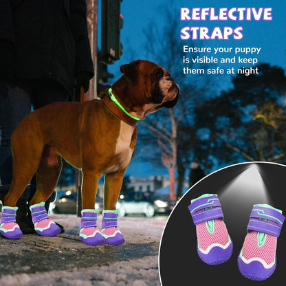 Adjustable strap mechanism on purple dog boots for dogs