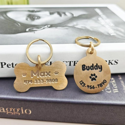 Overket premium personalized pet identification tag showing natural brass patina finish