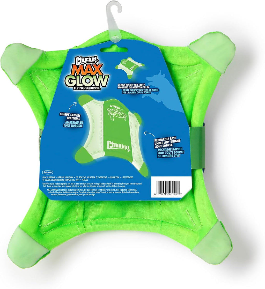 Chuckit! glow in the dark dog toy being thrown outdoors