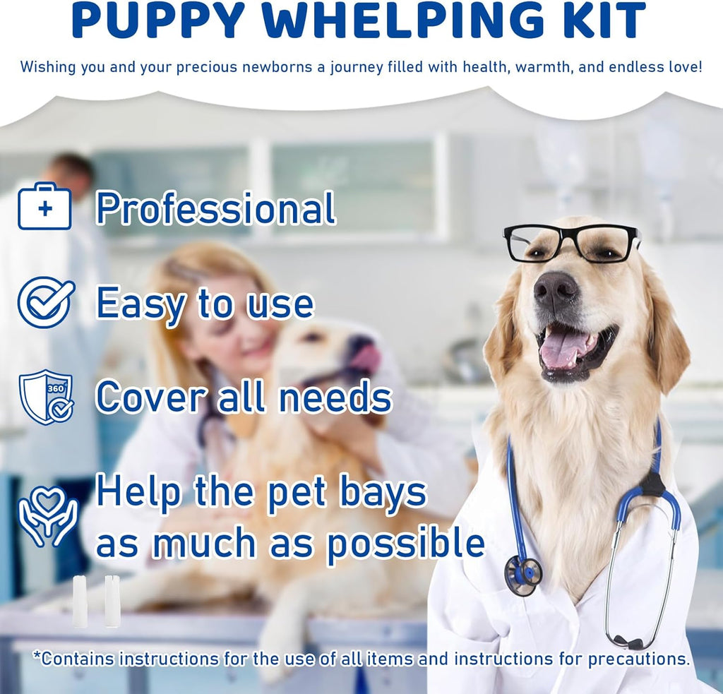 Complete newborn pet birthing supplies laid out including stethoscope digital thermometer and scissors.