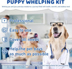 Complete newborn pet birthing supplies laid out including stethoscope digital thermometer and scissors.