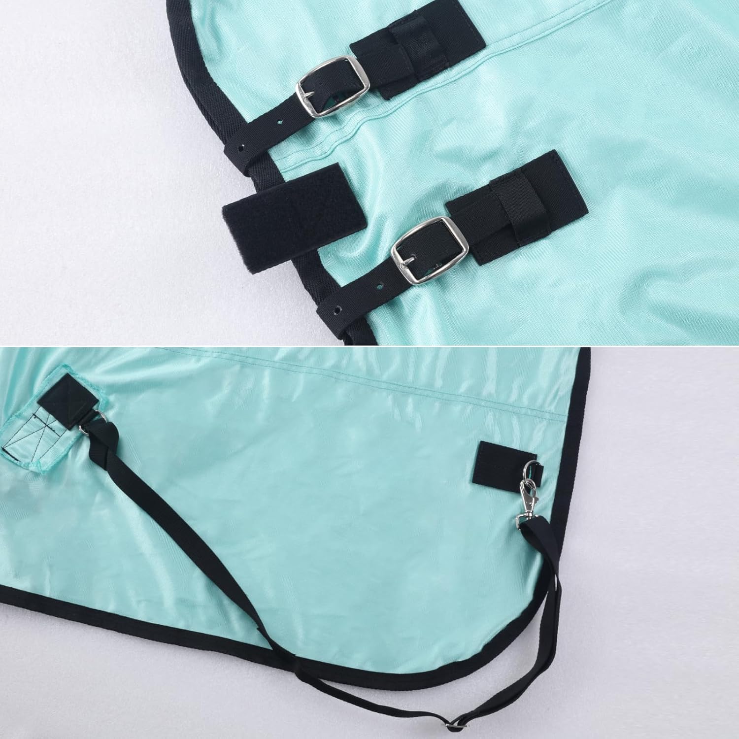 Detailed shot of the tough fine weave polyester mesh material of the Gallopoff equine sheet.
