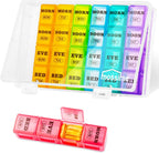 Mossime weekly pill organizer front view showcasing the full seven day layout and rainbow colored compartments.