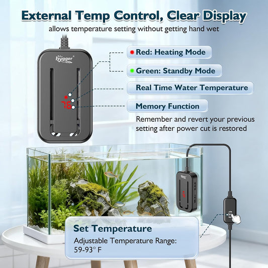 Hygger fish tank heater inside glass aquarium with protective casing