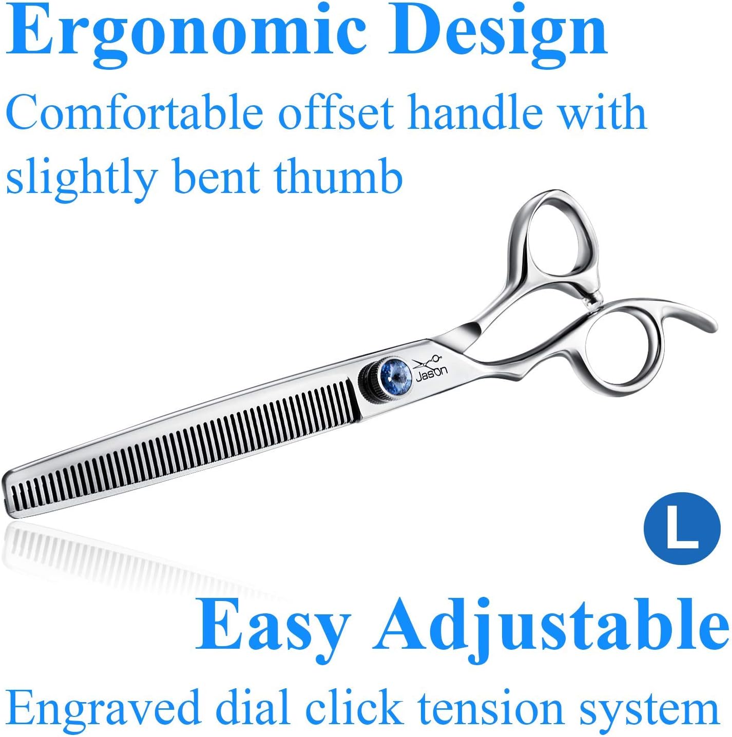 JASON left handed dog grooming blender showing ergonomic offset handle and jewelled screw