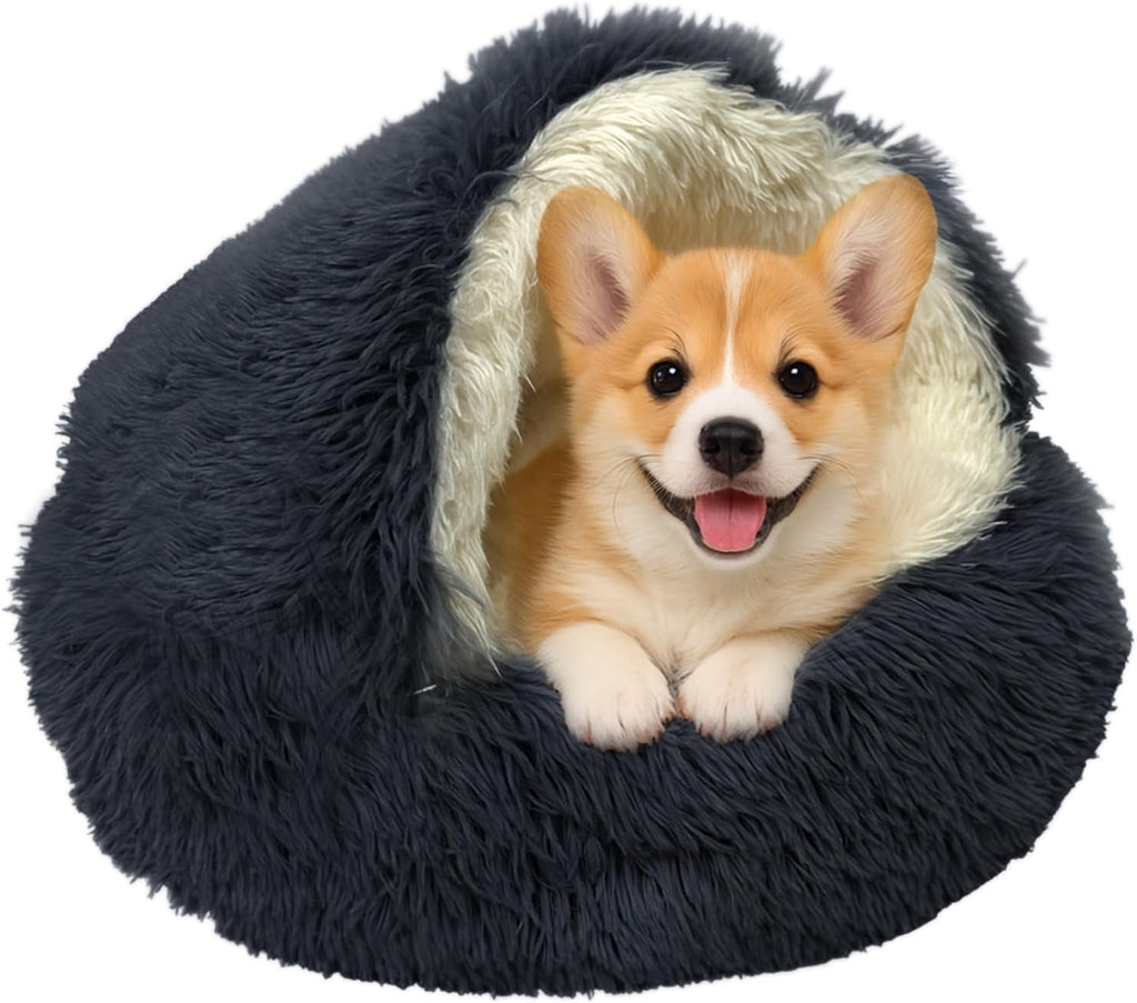 ShinHye Cat Bed Round Plush Fluffy Hooded Cat Bed Cave, Cozy for Indoor Cats or Small Dog beds, Soothing Pet Beds Doughnut Calm Anti-nxiety Dog Bed - Waterproof Bottom Washable (20x20inch, Grey) - Image 15