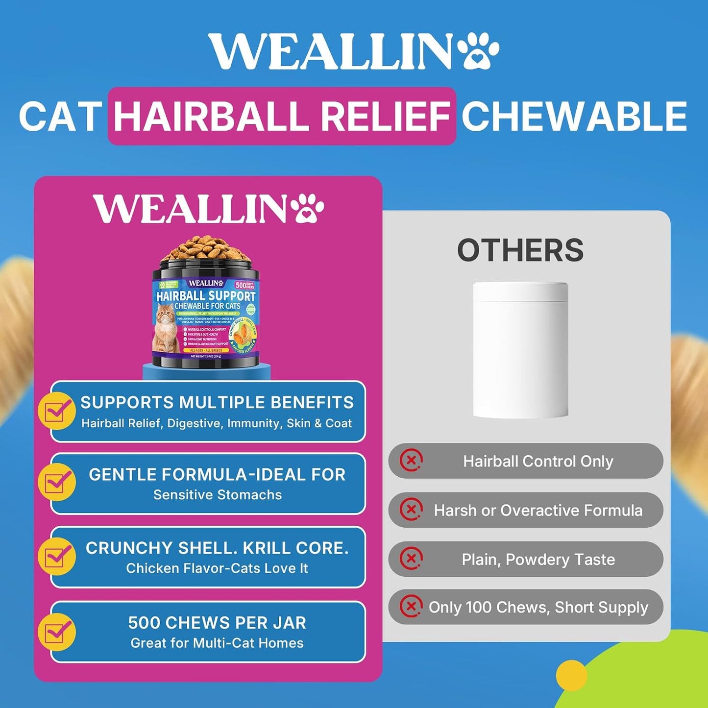Close up view of chicken and krill flavored crunchy furball relief treats