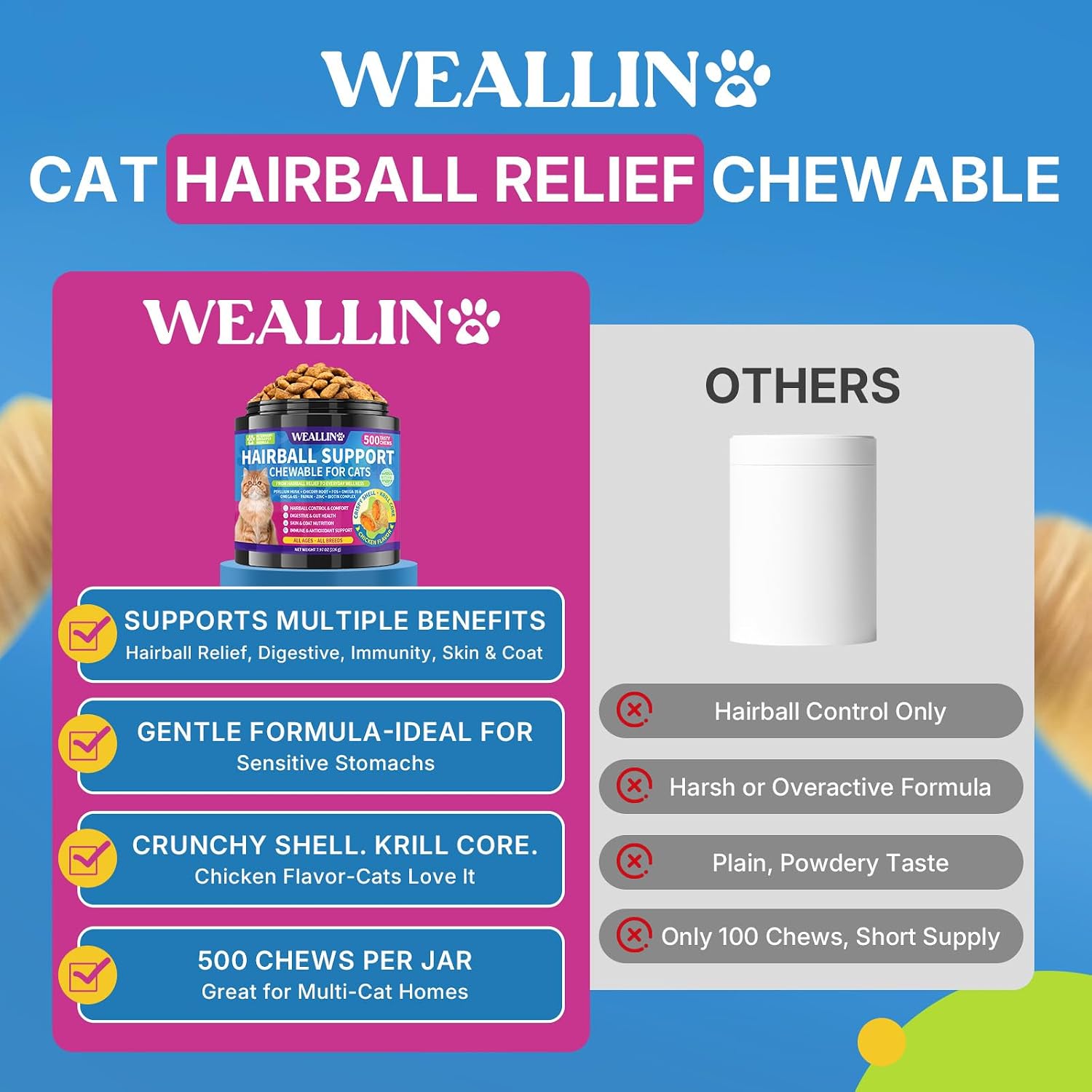 Close up view of chicken and krill flavored crunchy furball relief treats