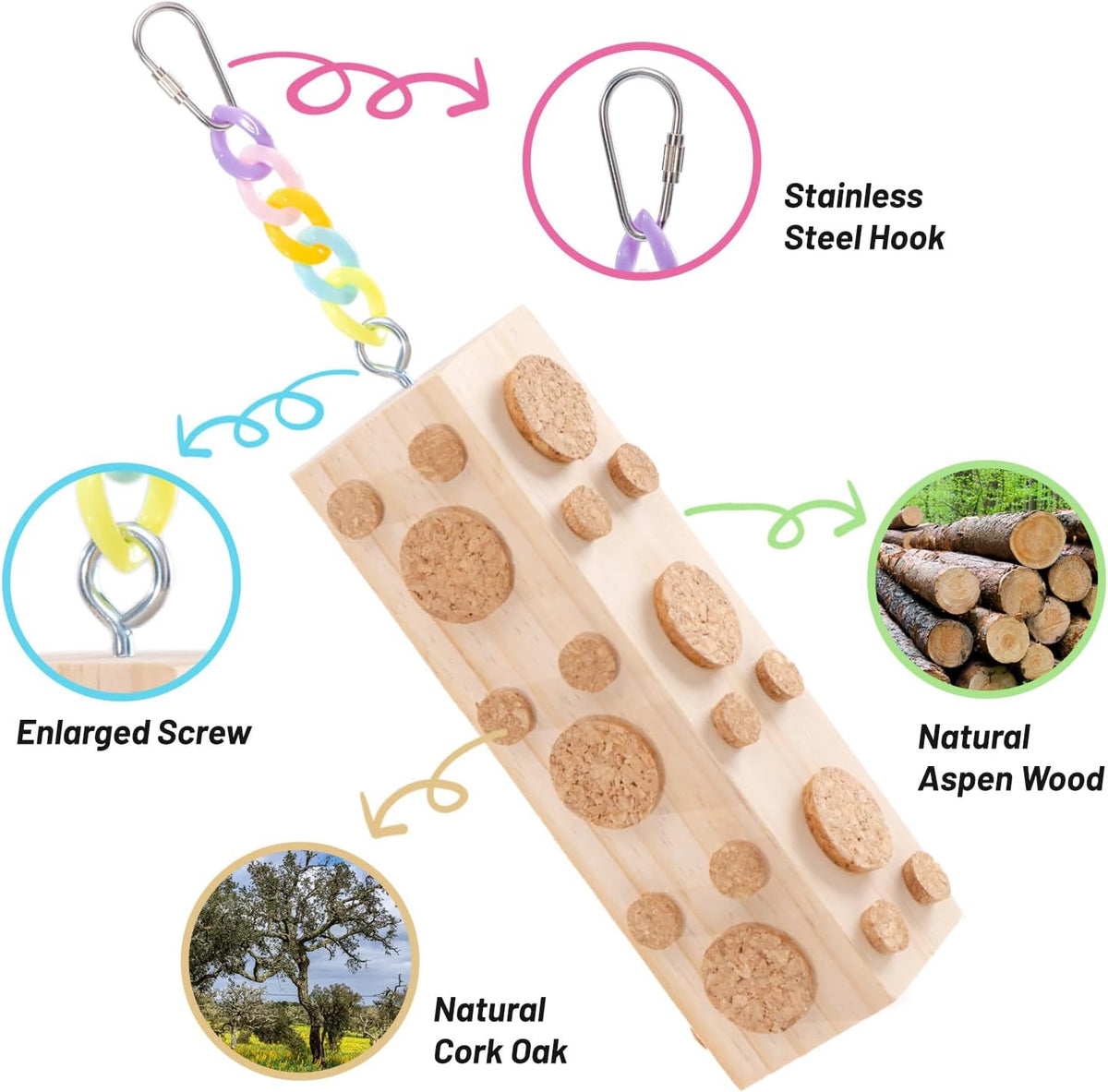 Close-up view of natural poplar wood and detachable corks on the toy