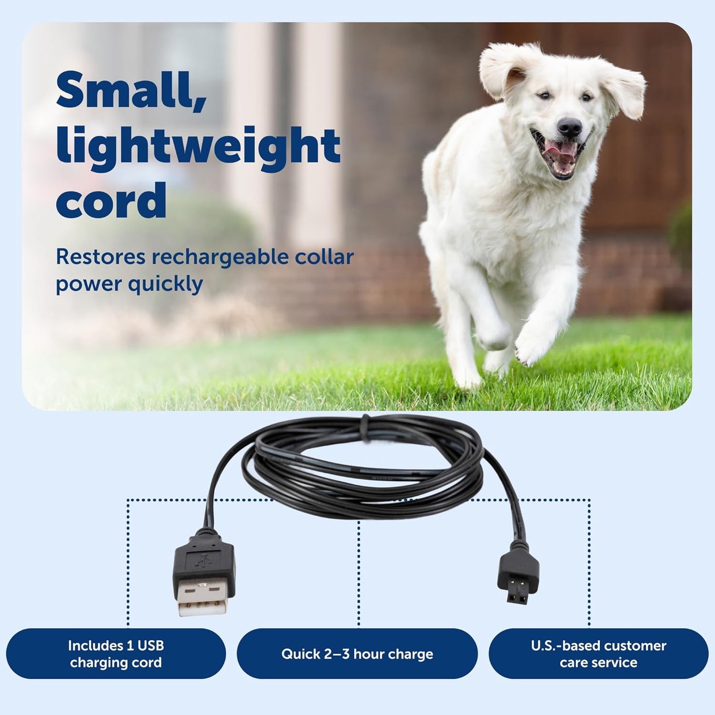 Premium imported PetSafe containment collar charger cord highlighting the universal USB connector end.