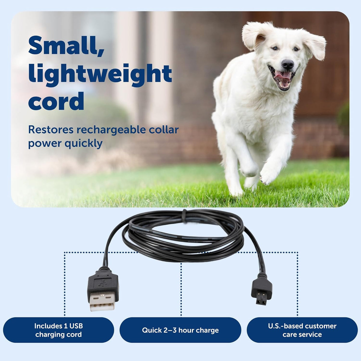 Premium imported PetSafe containment collar charger cord highlighting the universal USB connector end.