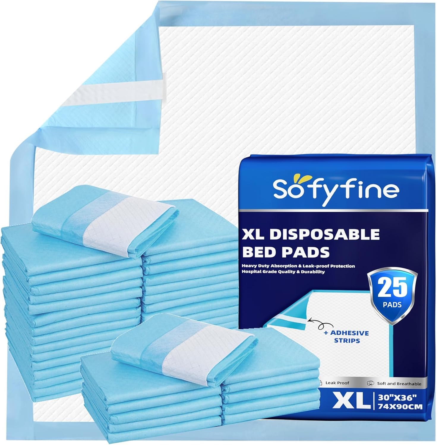SOFYFINE Disposable Bed Pads 25 Count package front view showing extra large adult incontinence underpads