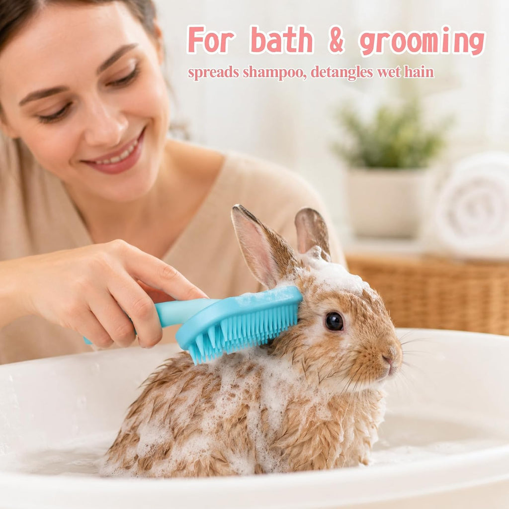 Waterproof silicone small animal bath brush being rinsed clean after removing dander
