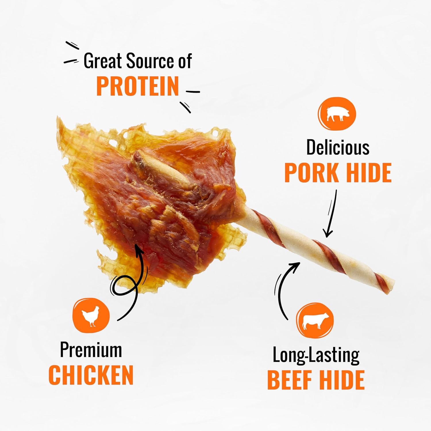 Premium chicken wrapped pork and beef hide dog treats details