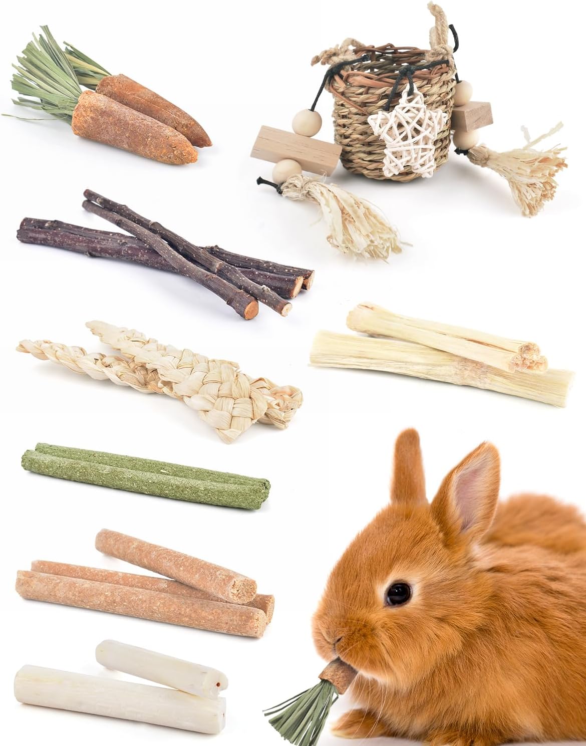 Guinea pig foraging toy basket with corn husk and wood blocks for cage enrichment