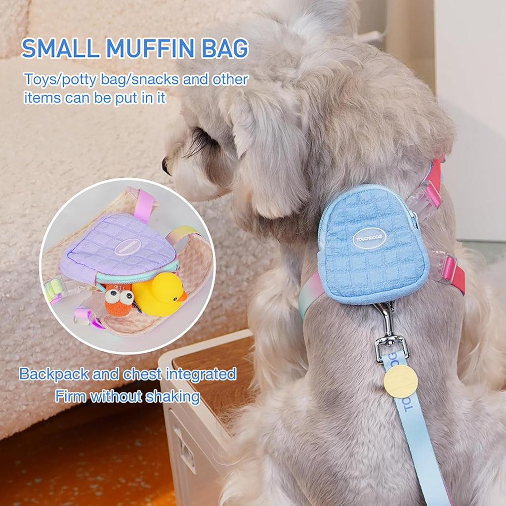 Touchdog pink pastel quilted harness backpack layout on a white background.