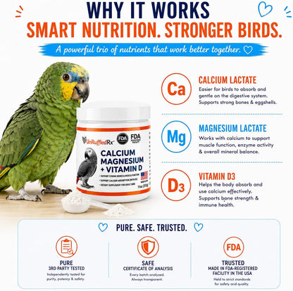 Authentic imported UnRuffledRx bird supplement for parrot eggshell and feather health support