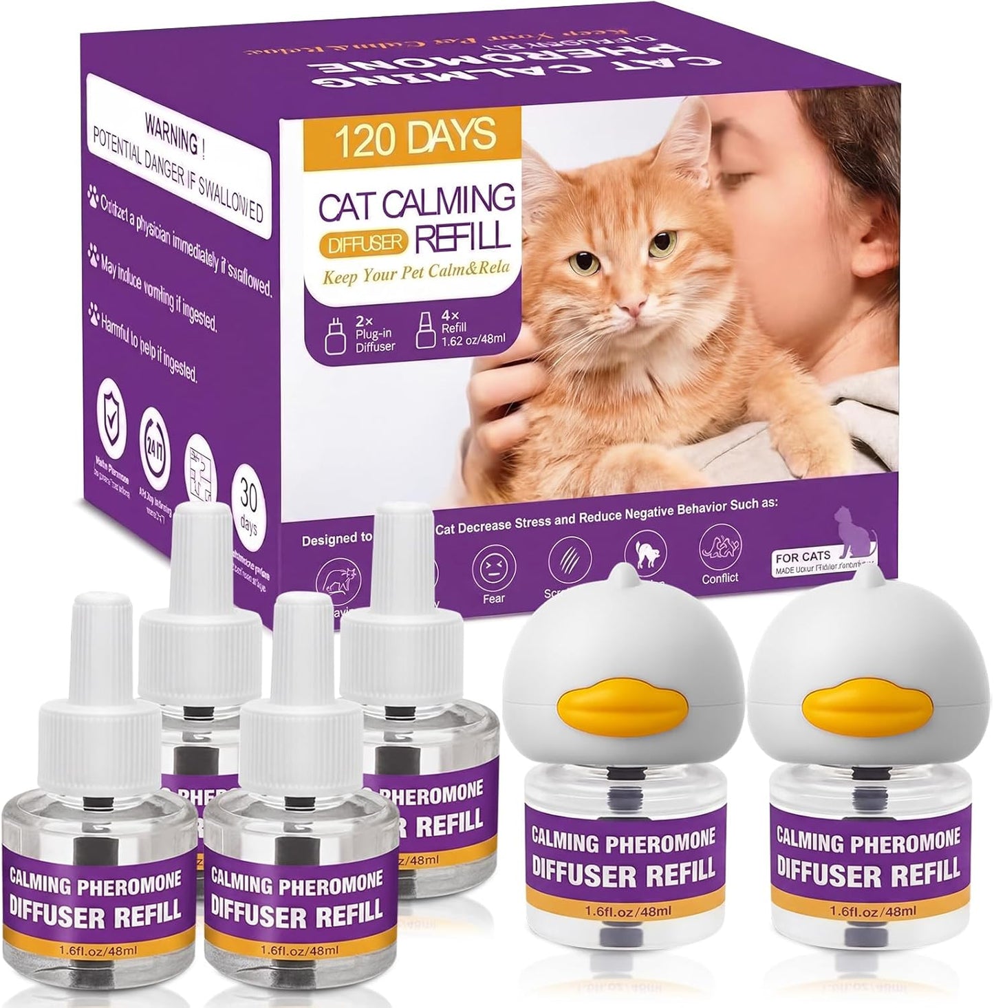 Nakesy cat calming pheromone diffuser kit front view with two white plug-in devices and four refills