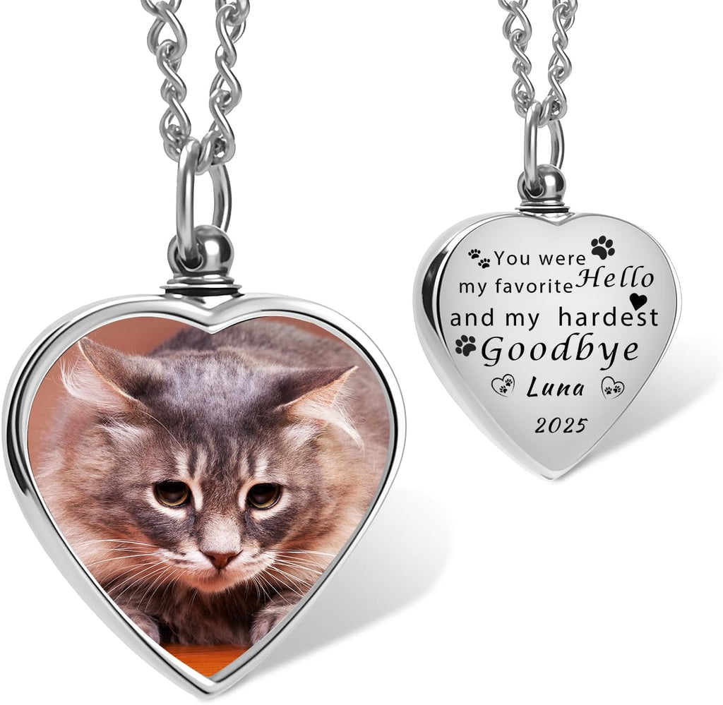 QYH Custom Cat Ashes Necklace front view showing customized heart pendant with tabby cat picture.