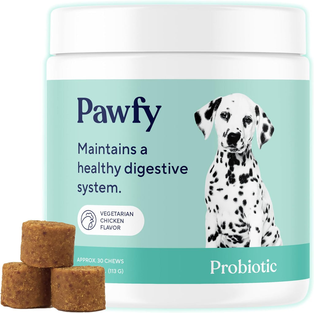 Authentic USA imported Pawfy dog probiotics container showcasing premium ingredients