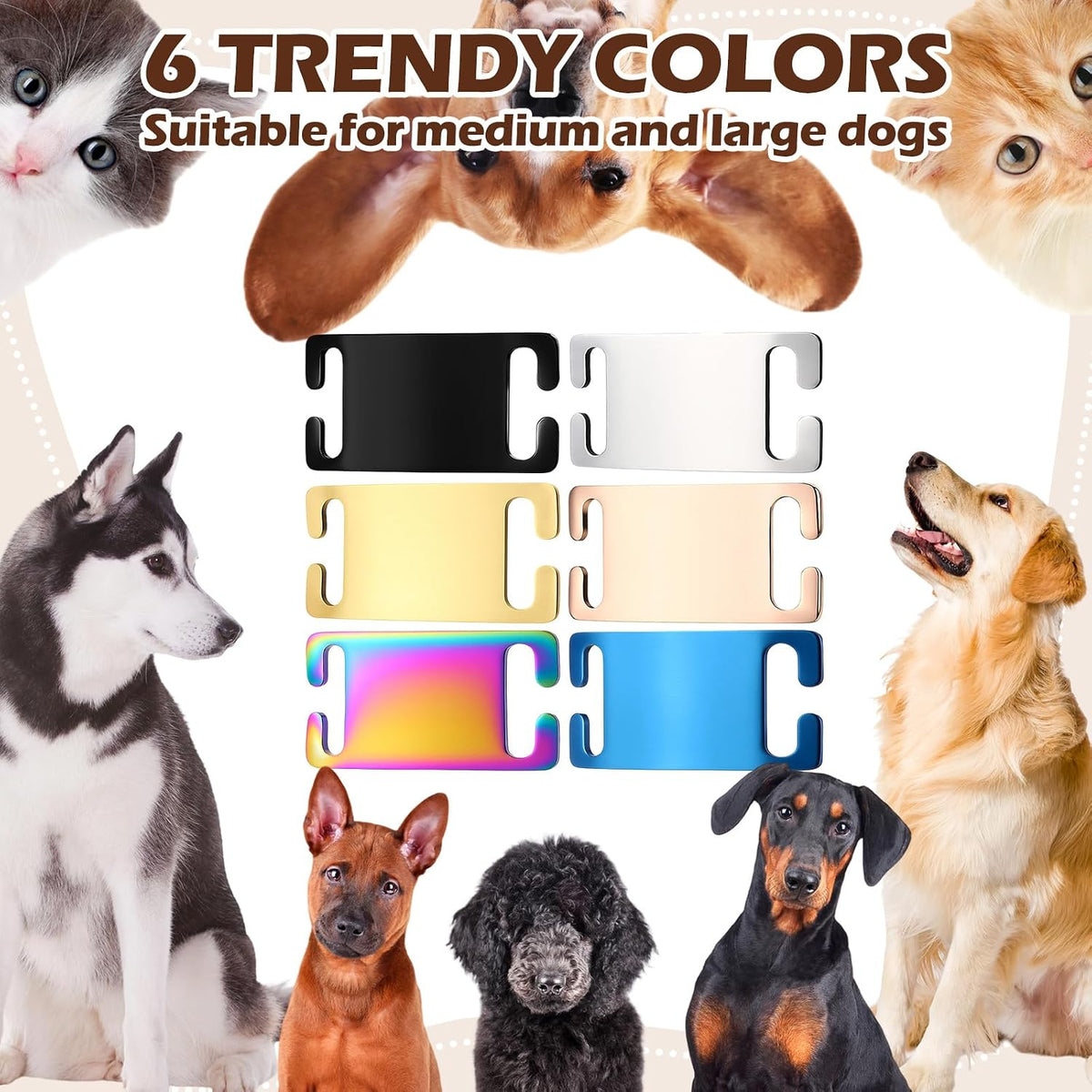 Slide on dog name plates showing curved design for collar attachment