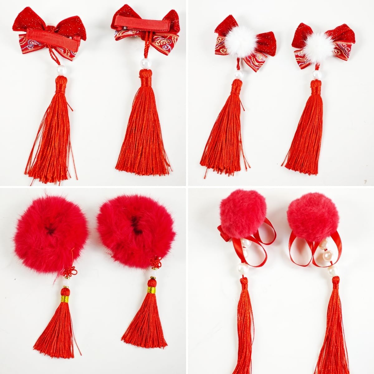 KYMY Lunar New Year Hair Clips front view showing red bows and furry balls