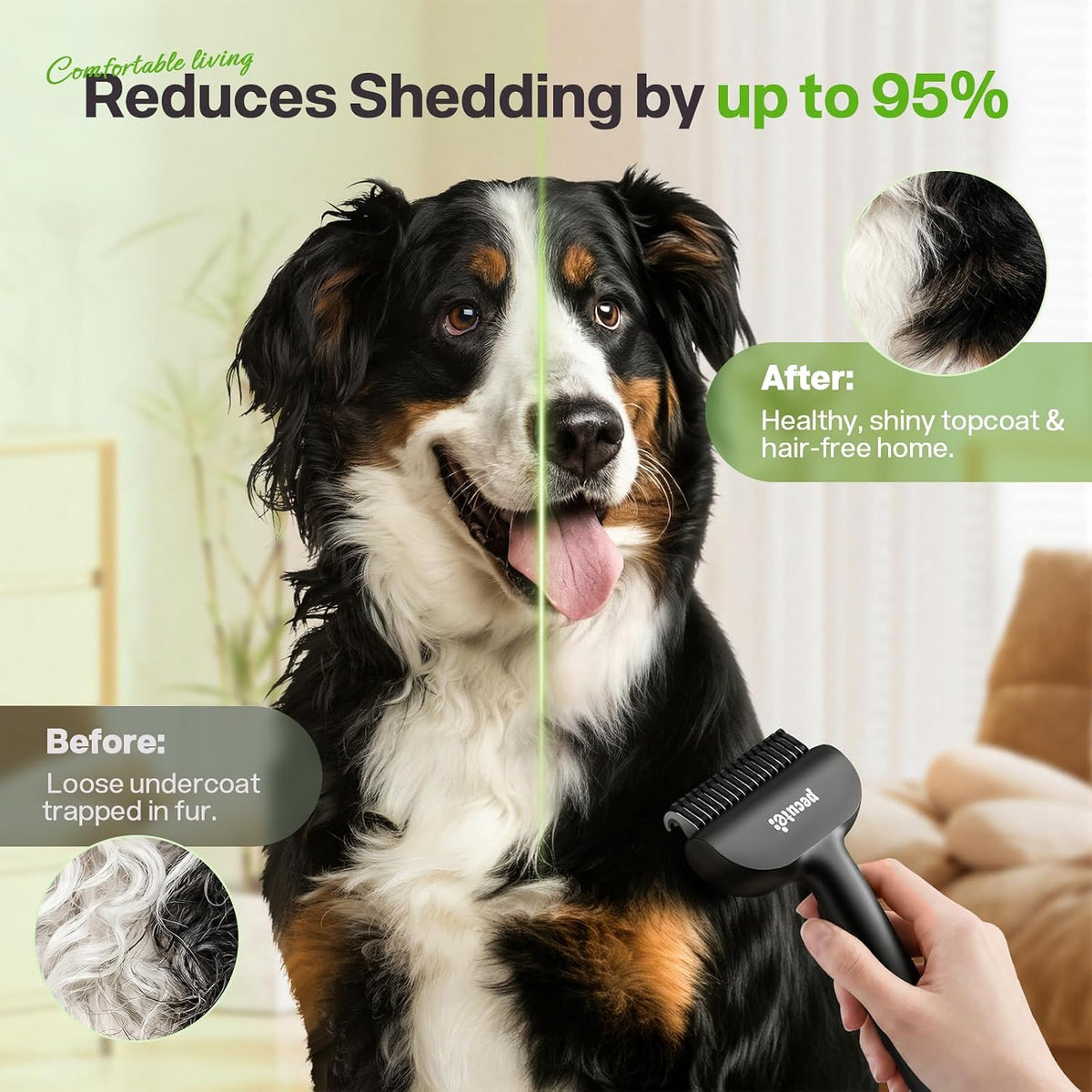 Pecute Self-Cleaning Undercoat Rake for Dogs Cats with Thick Double Coats | 1-click clean, 304SS, 18 rounded teeth, For seasonal heavy shedding & matting, Gentle on pets, Ideal for long/dense coats - Image 9