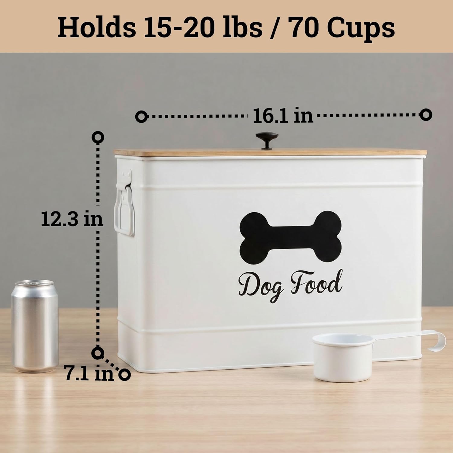 Dog Food Container Airtight 15-20 lb (70 Cup) Capacity with Metal Scoop - Cute Airtight Dog Food Storage Container with Bamboo Lid - White Metal Kibble Storage Bin for Dogs up to 100 lbs - Big Pet Jar - Image 6
