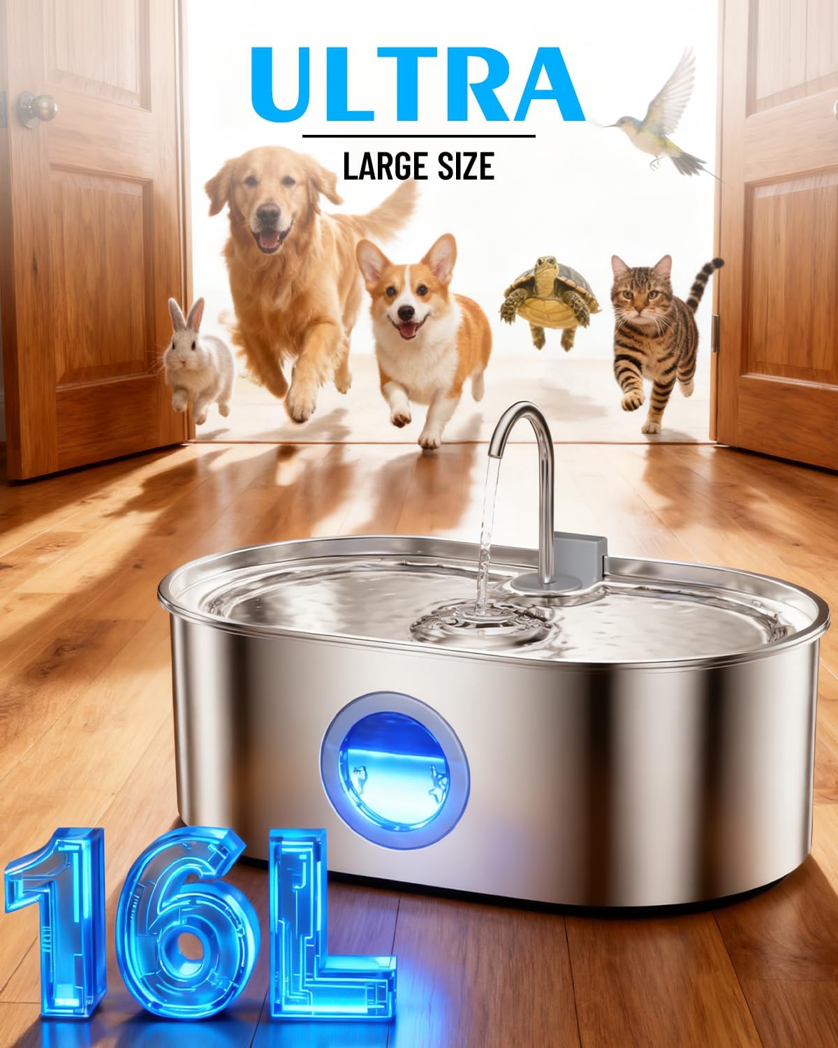 Close up of Ecoconut large dog water fountain LED water window