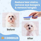 Small dog face brush designed for clearing eye crust and mucus from poodles and goldendoodles.