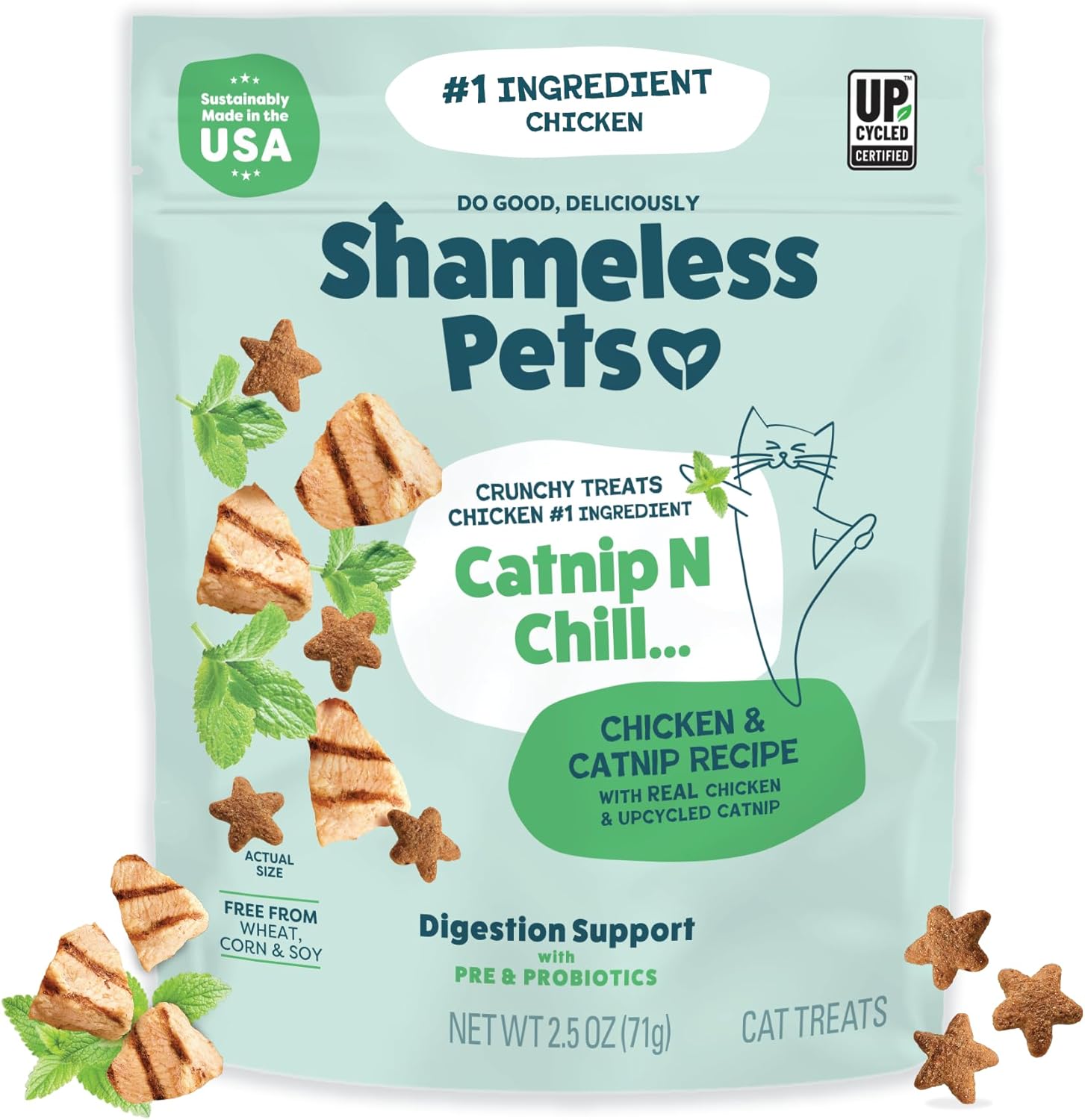 Shameless Pets Crunchy Cat Treats front view packaging for digestive support