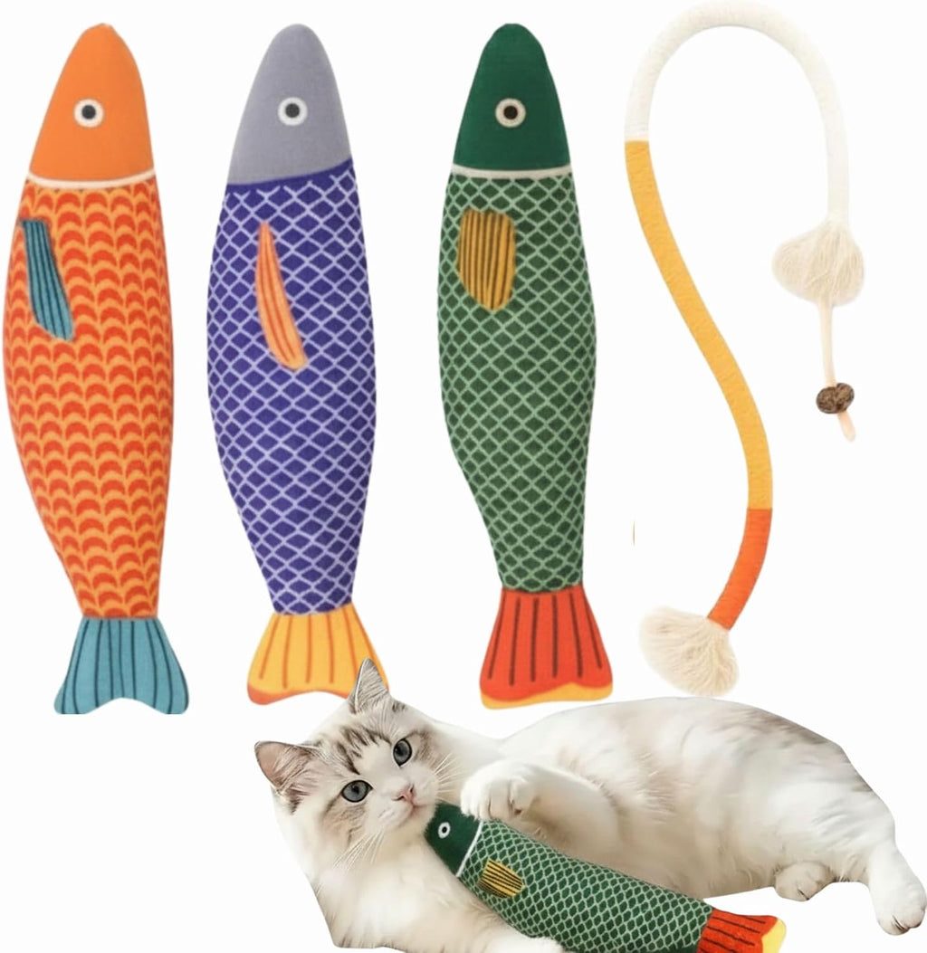 JMTSONS cat toys four pack front view showing three plush fish and one rope chew.