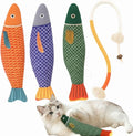 JMTSONS cat toys four pack front view showing three plush fish and one rope chew.