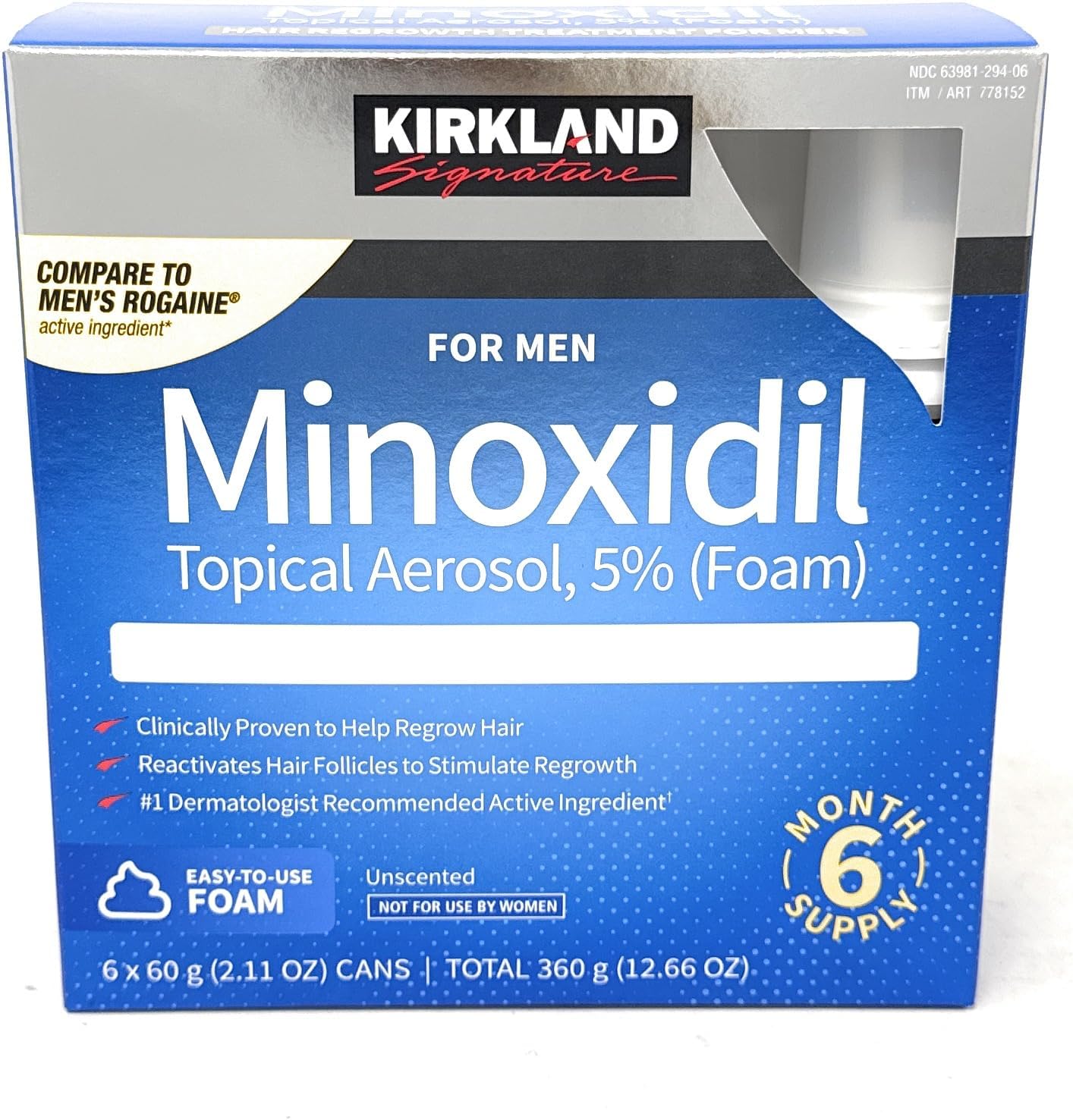 Kirkland Signature five percent minoxidil foam six month supply front view packaging