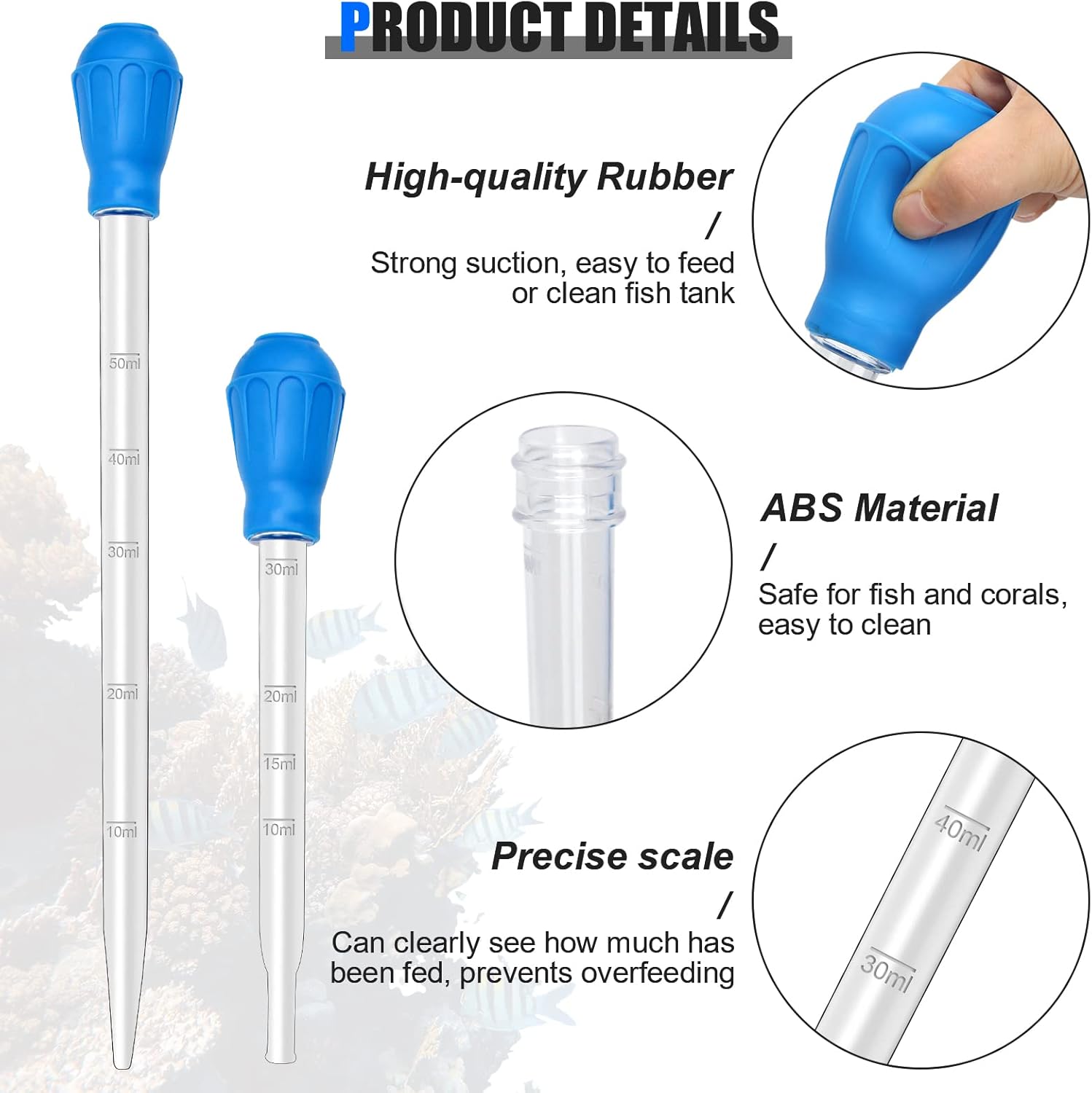 Long acrylic coral spot feeder tube with blue rubber bulb for precision feeding