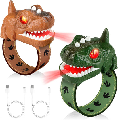 Cxjoigxi dinosaur walkie talkies front view of green T-Rex wearable wrist radio toy for kids.