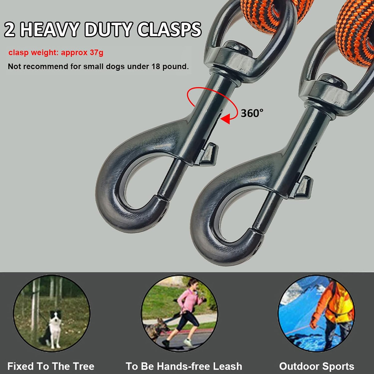 BTINESFUL 12 feet long rope dog lead with heavy duty metal clips